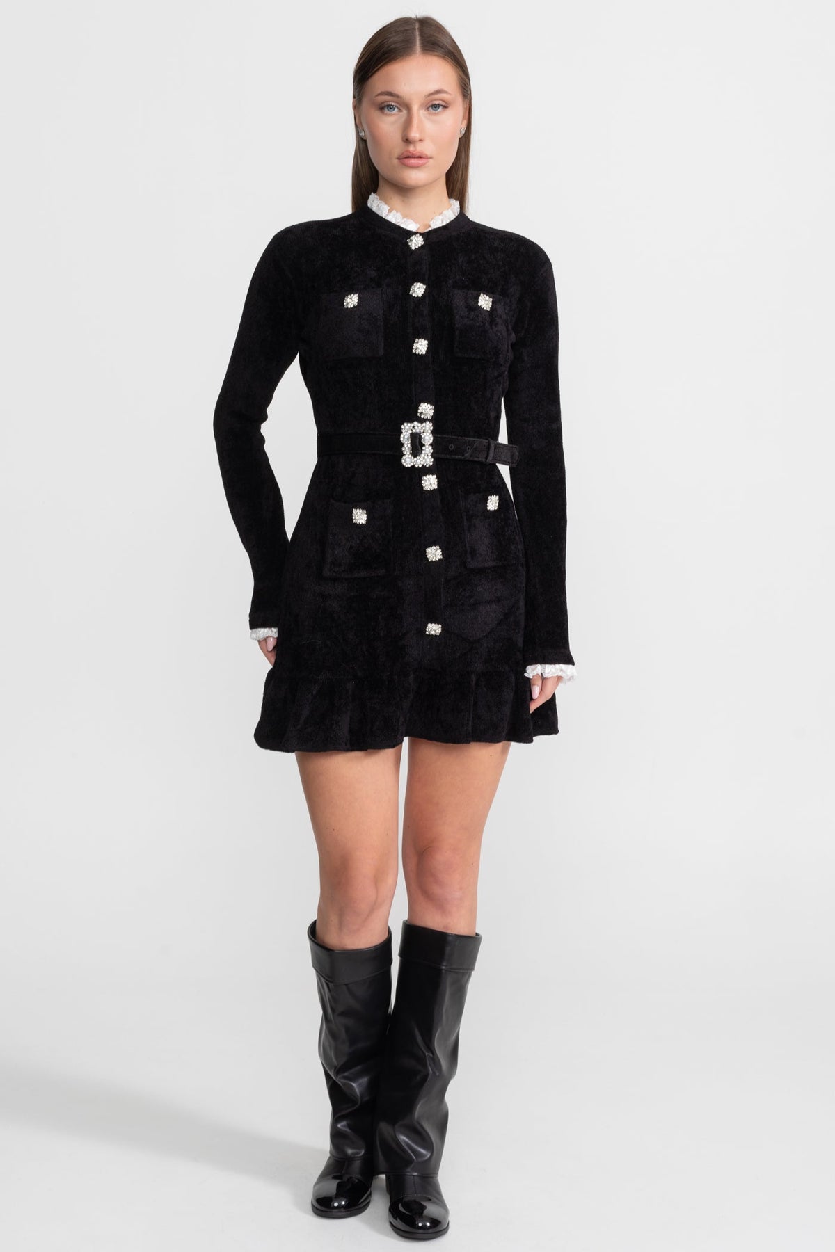 Knit Crystal-Button Mini Dress With Matching Belt – Black