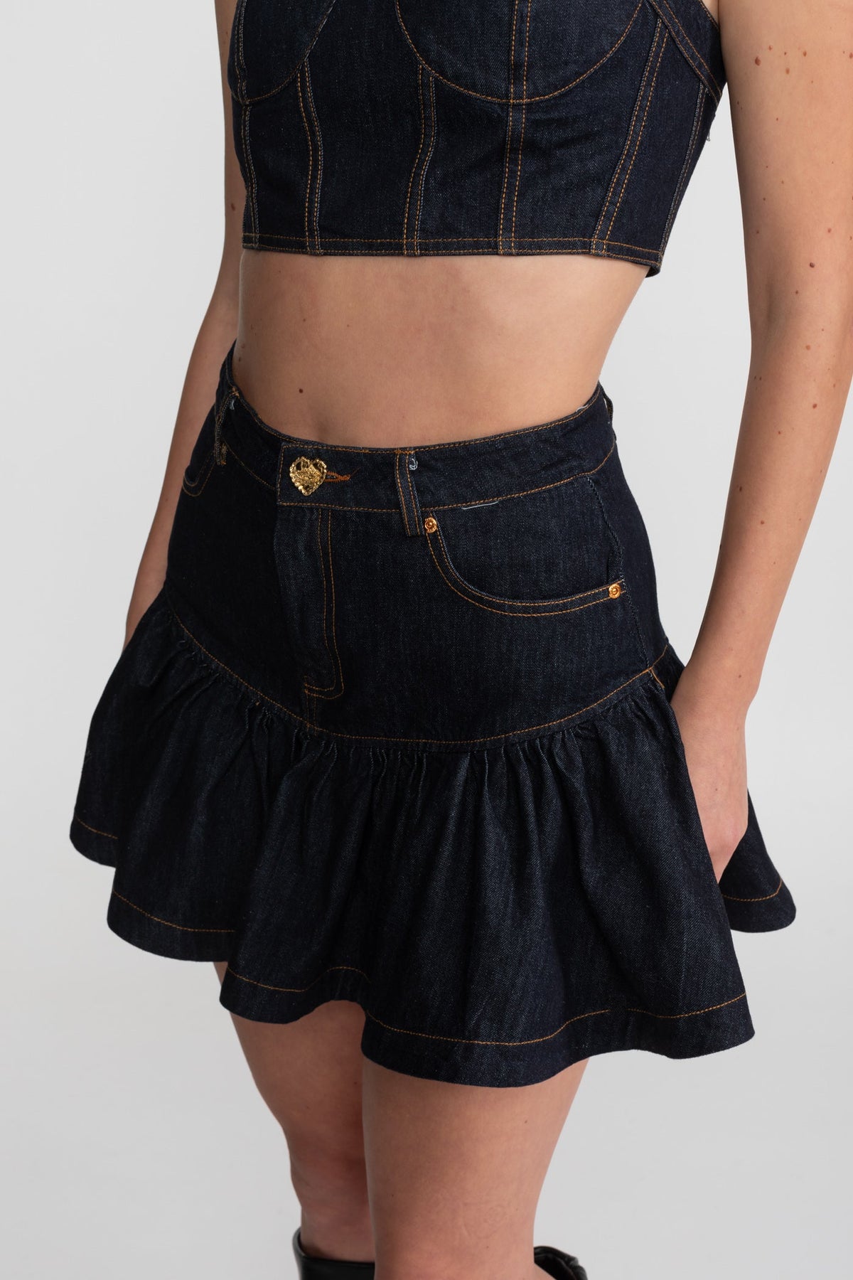 Denim Bustier Co-ord Set With Contrasting Stitching – Indigo
