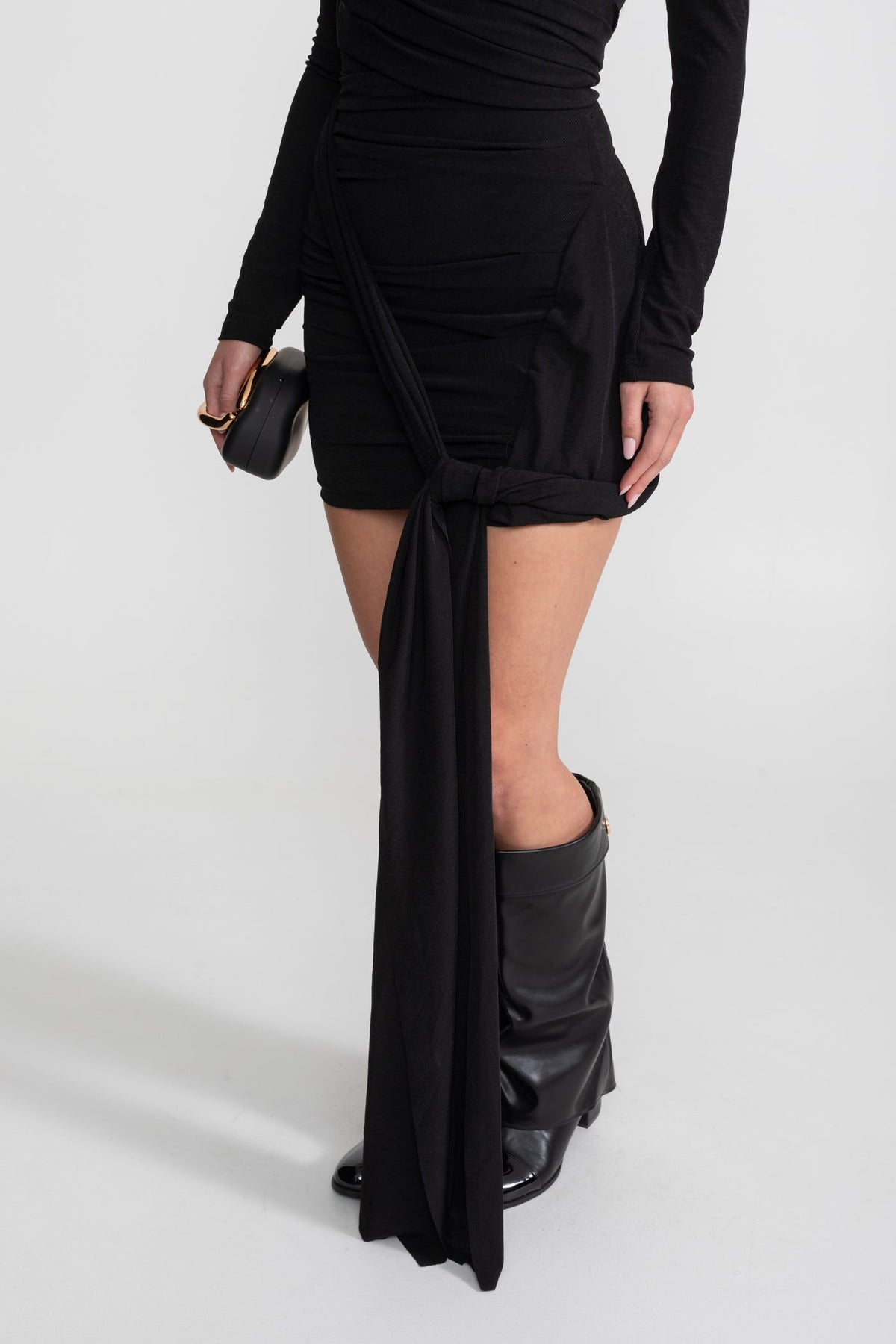 Cold-Shoulder Draped Mini Dress – Black