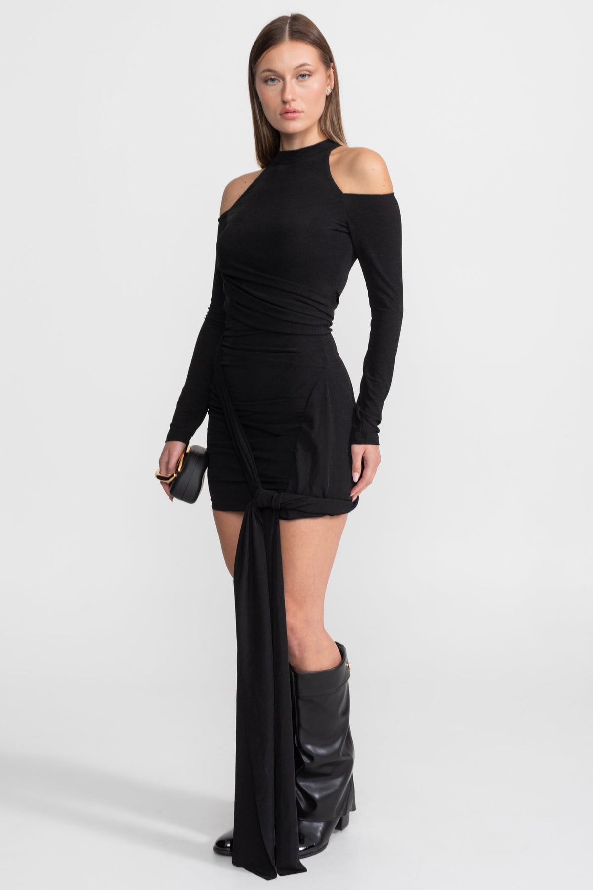 Cold-Shoulder Draped Mini Dress – Black