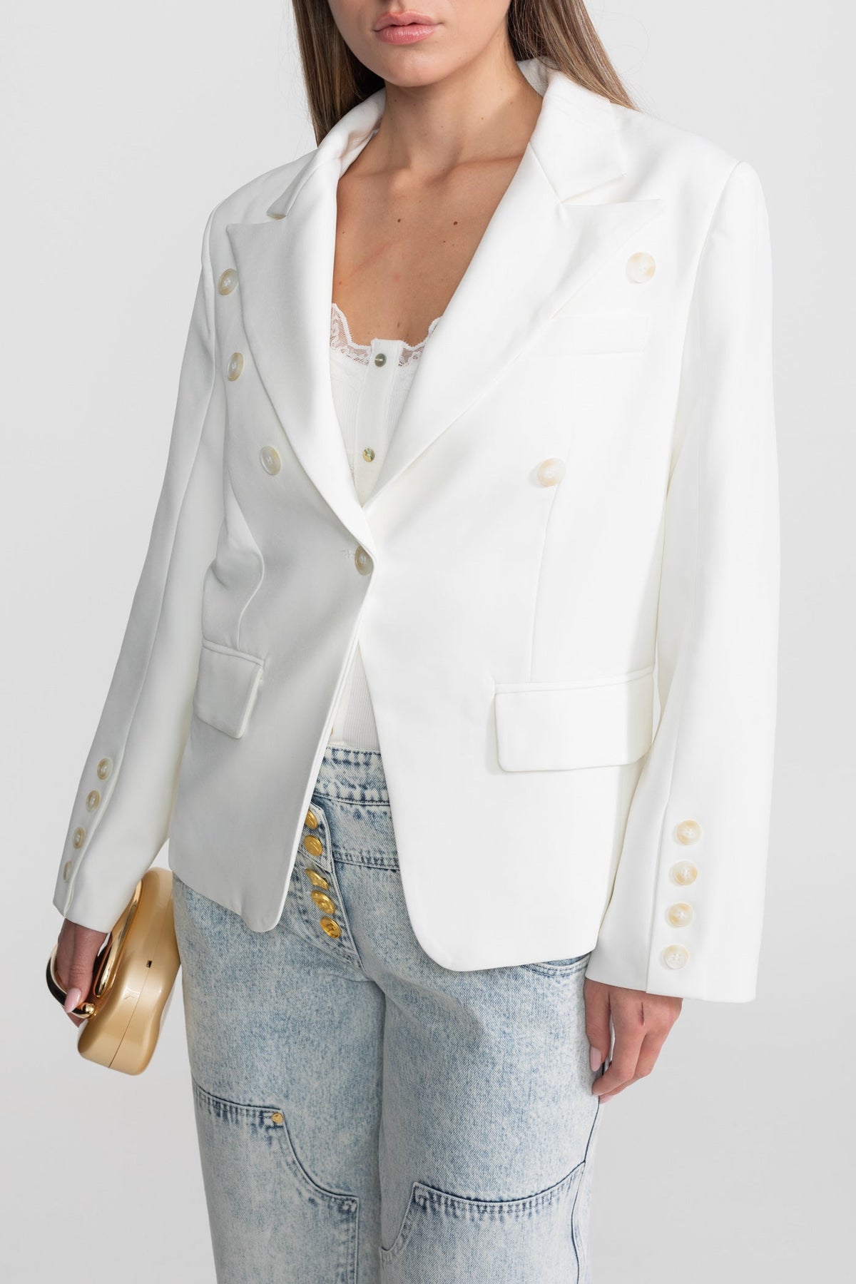 Double-Breasted Tailored Blazer With Peak Lapels – White