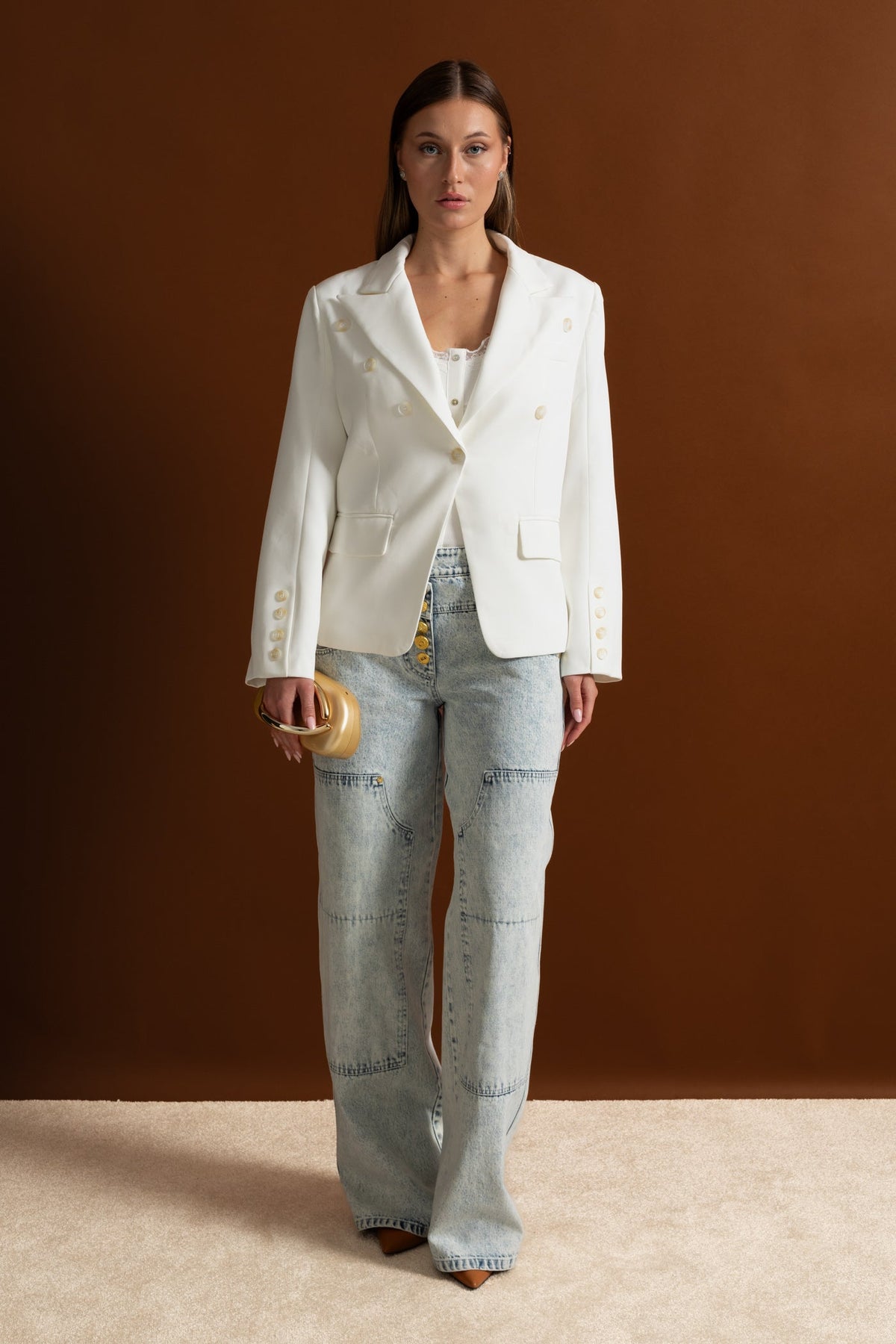 Double-Breasted Tailored Blazer With Peak Lapels – White
