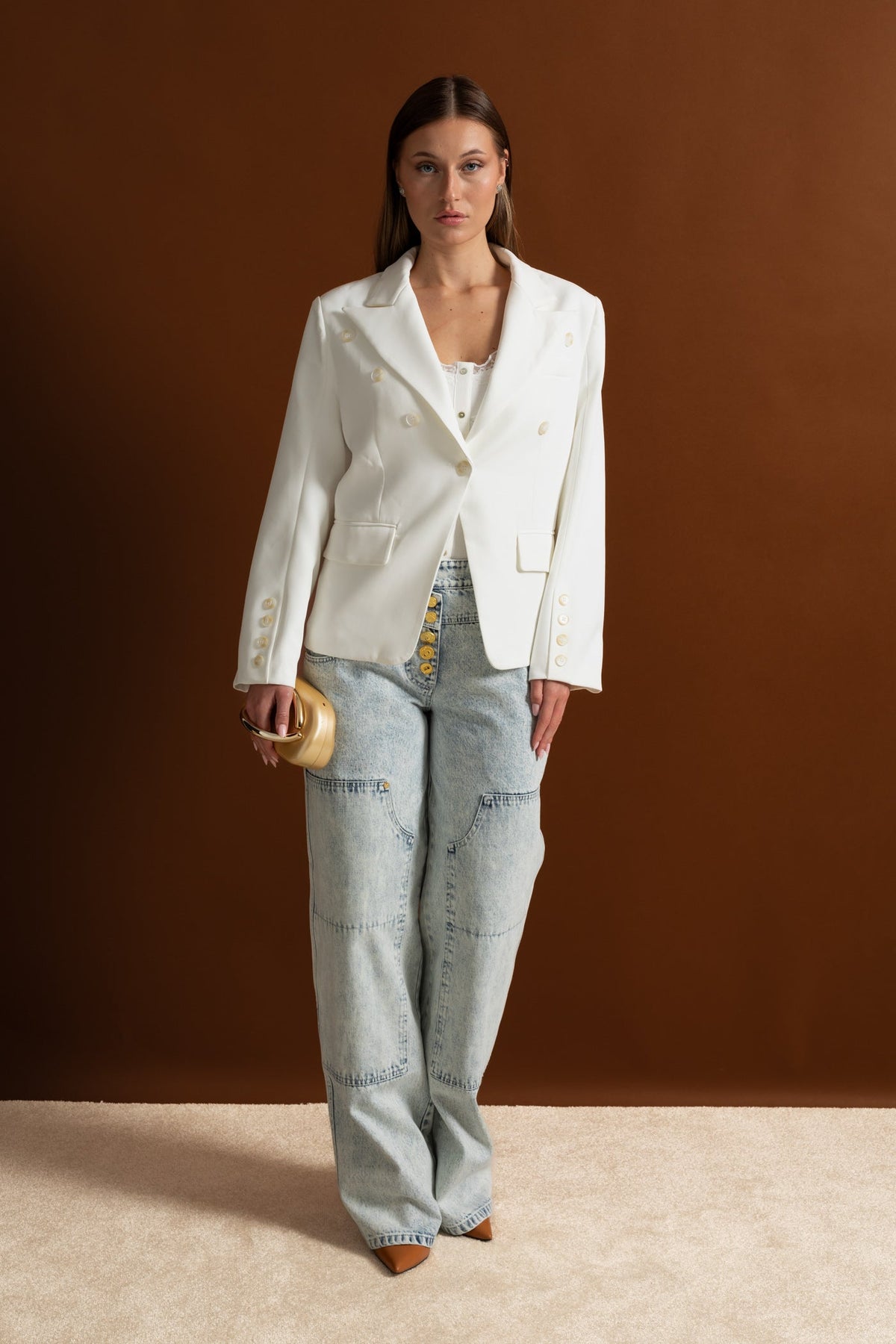 Double-Breasted Tailored Blazer With Peak Lapels – White