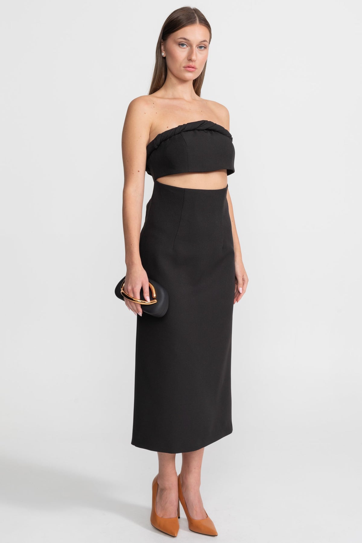 Strapless Cutout Midi Dress With Twisted Bandeau Detail – Black