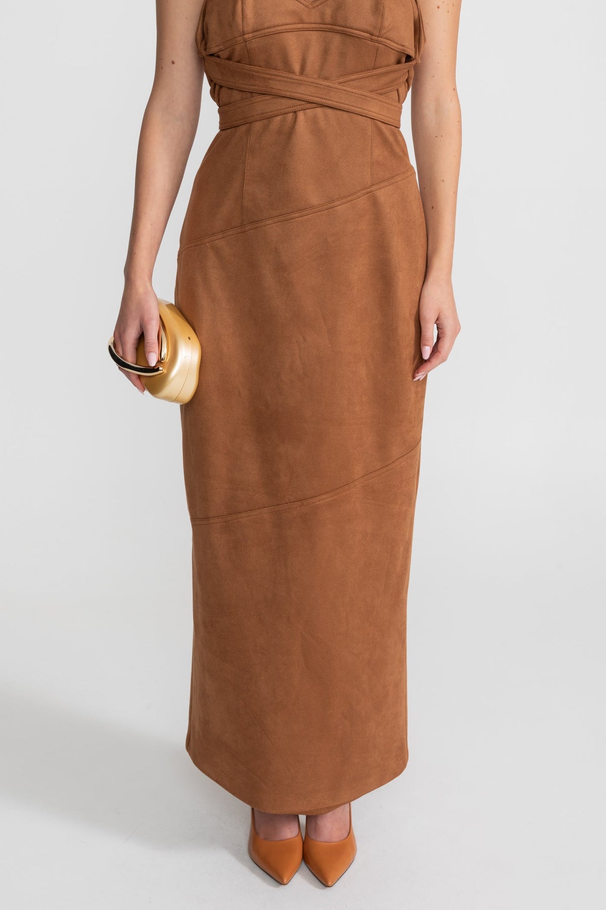 Suede Halterneck Wrap Maxi Dress – Cognac