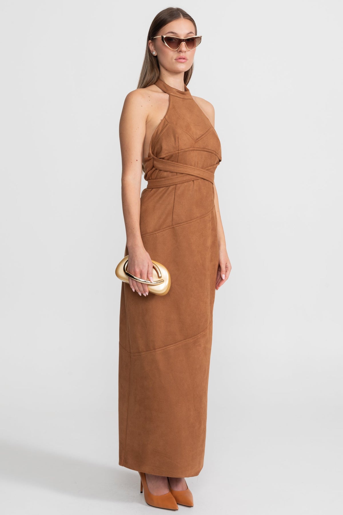 Suede Halterneck Wrap Maxi Dress – Cognac