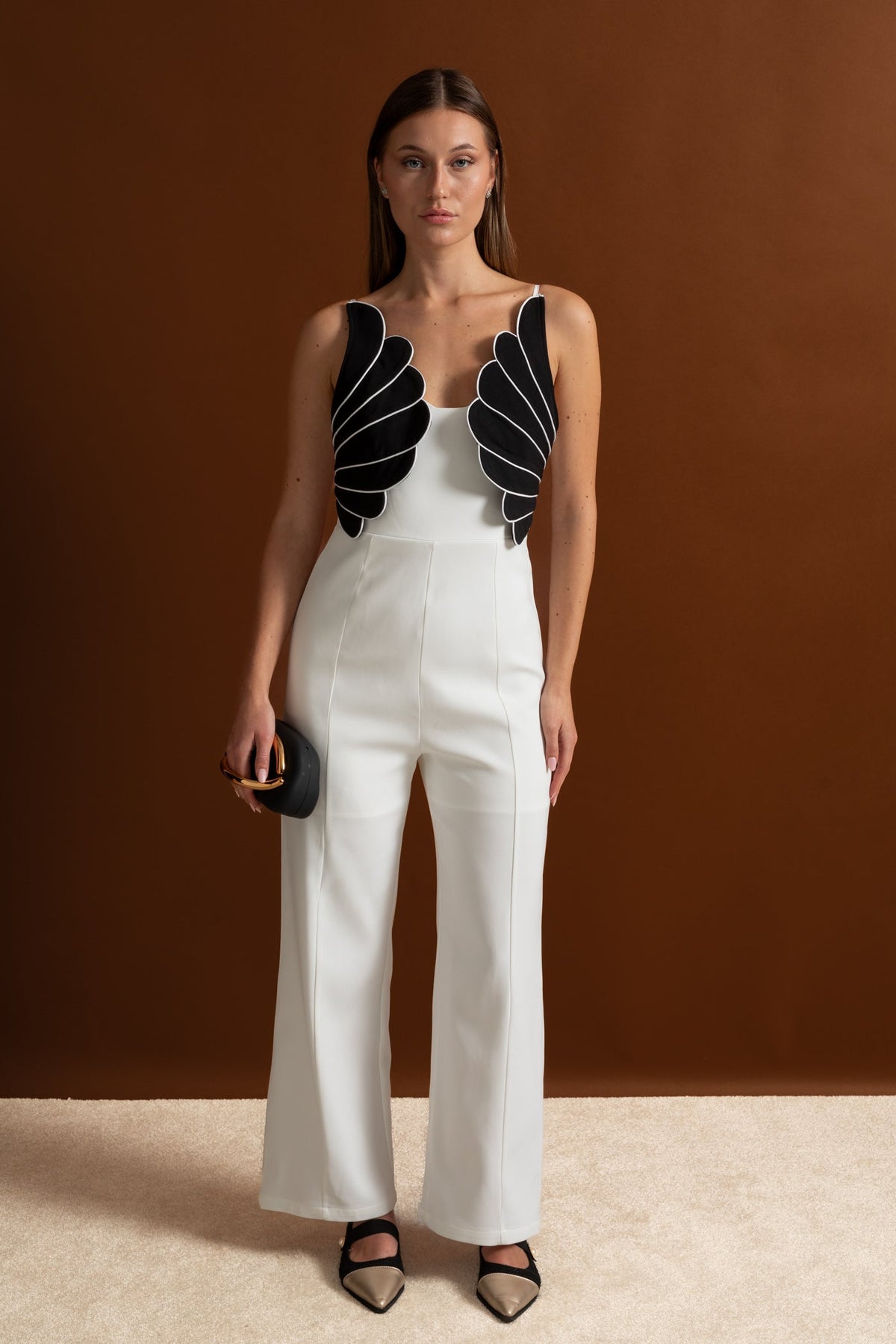 Wing Detail Jumpsuit – White & Black