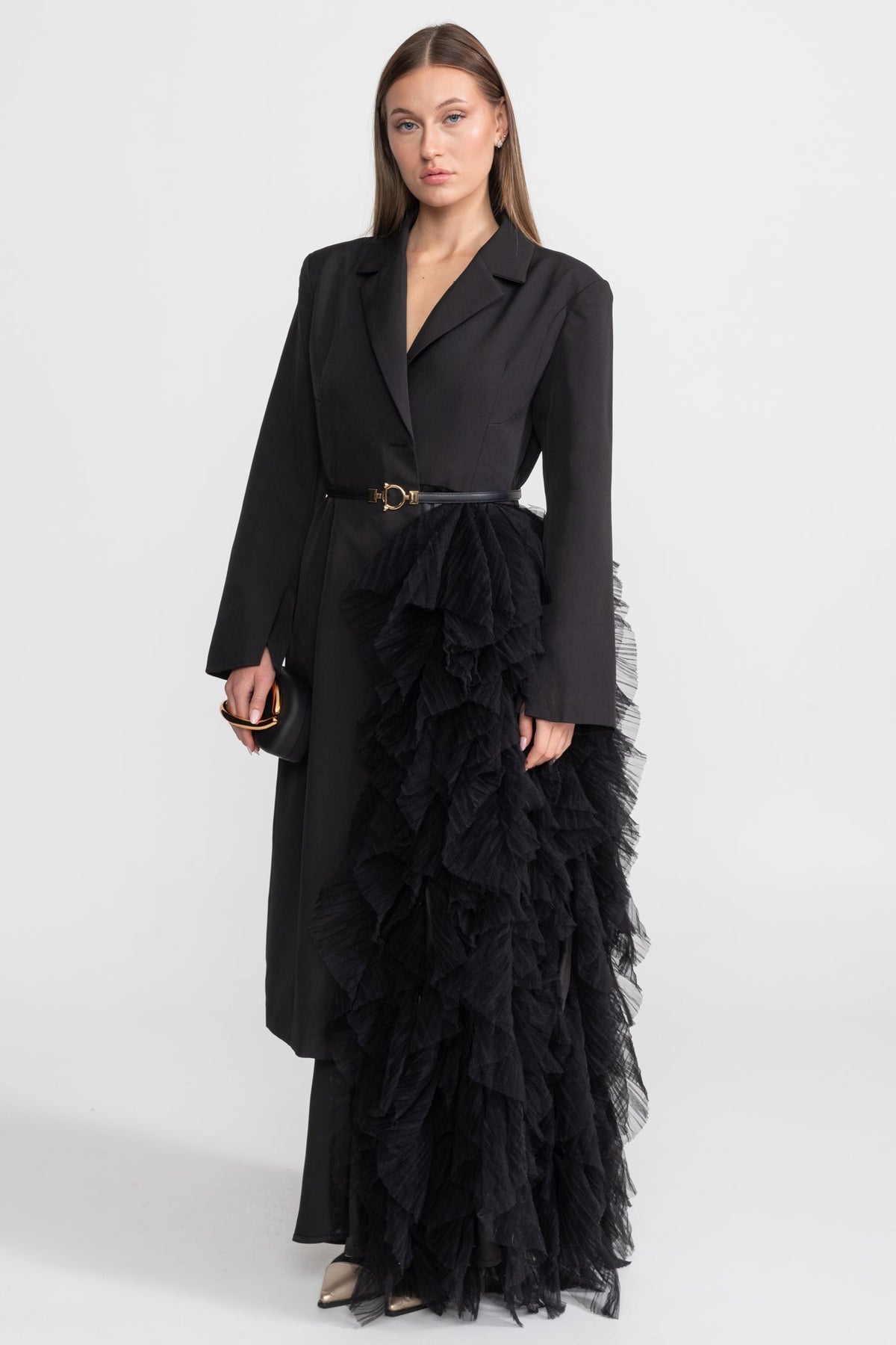 Tulle Cascade Blazer Dress With Notched Lapels – Black