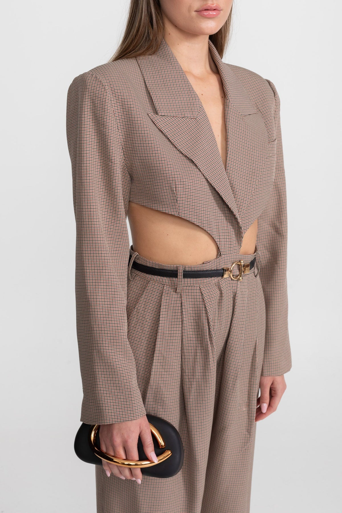 Cut-Out Jumpsuit With Slim Black Waistbelt – Taupe Check