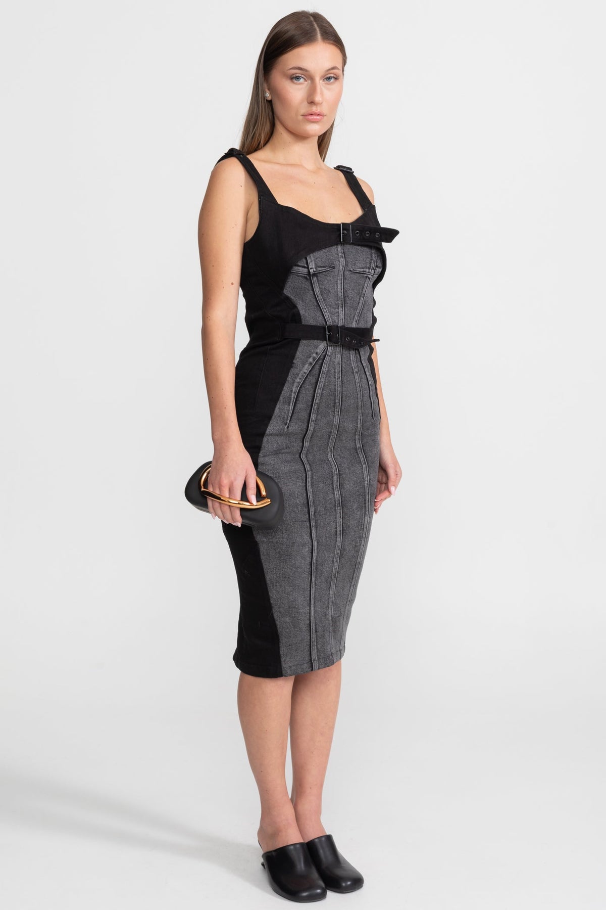 Panelled Denim Midi Dress With Buckled Belts – Charcoal