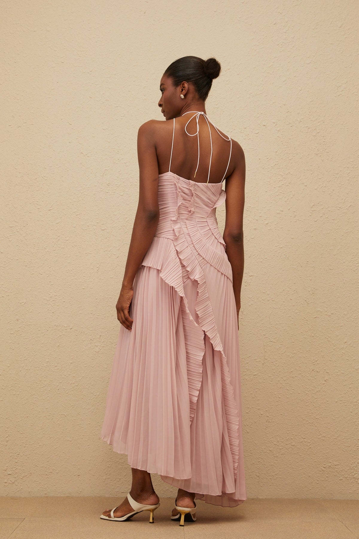 Doux Pink Ruffled Trim Pleated Midi Dress