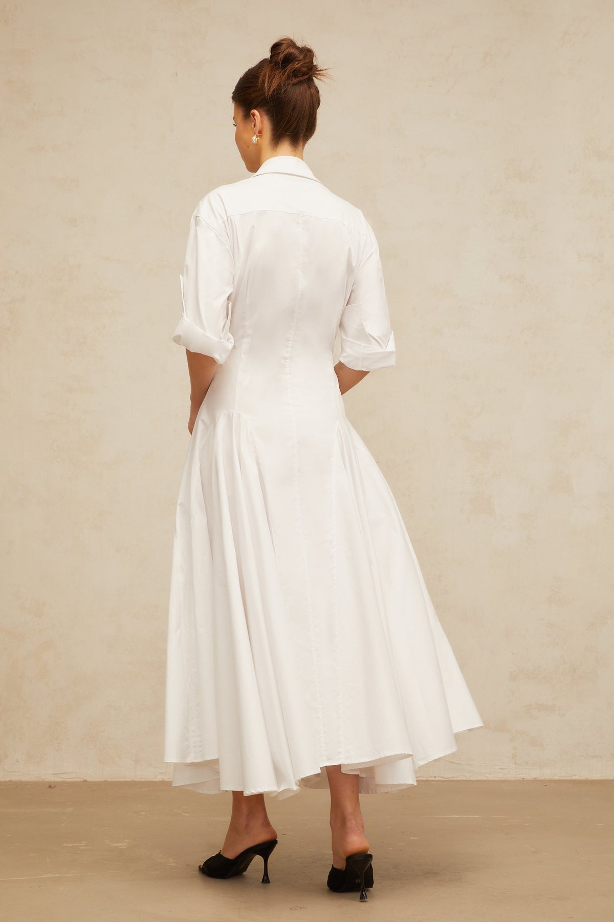 Dulcie white front-slit shirred shirt dress