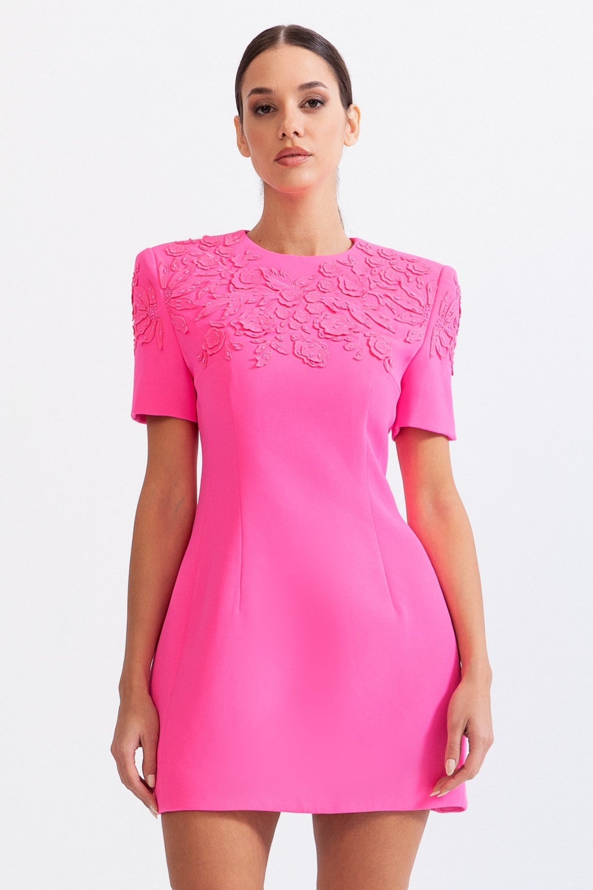 VENICE Short Sleeve Embroidered Mini Dress with 3D Flowers - Fuchsia Pink