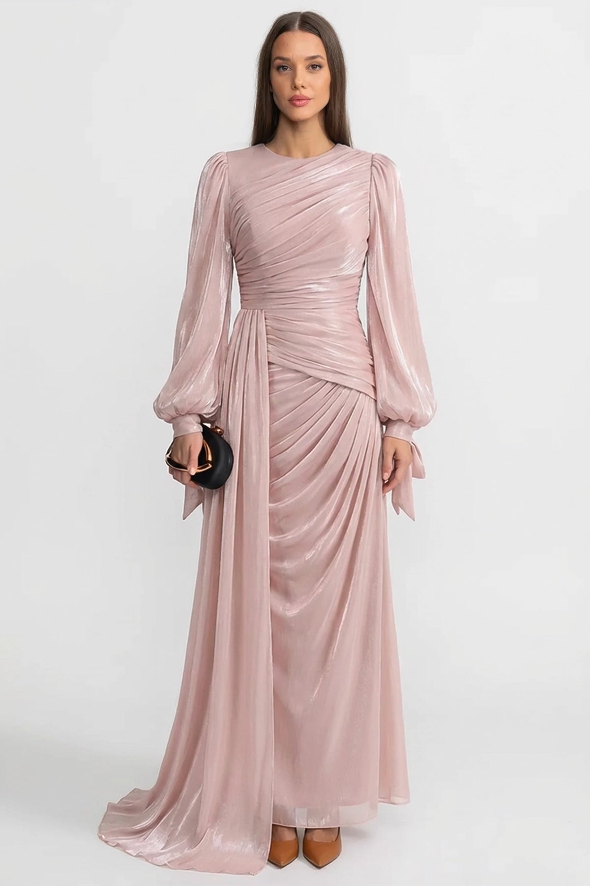 Draped Long-Sleeve Maxi Dress with Gathered Waist – Blush Pink