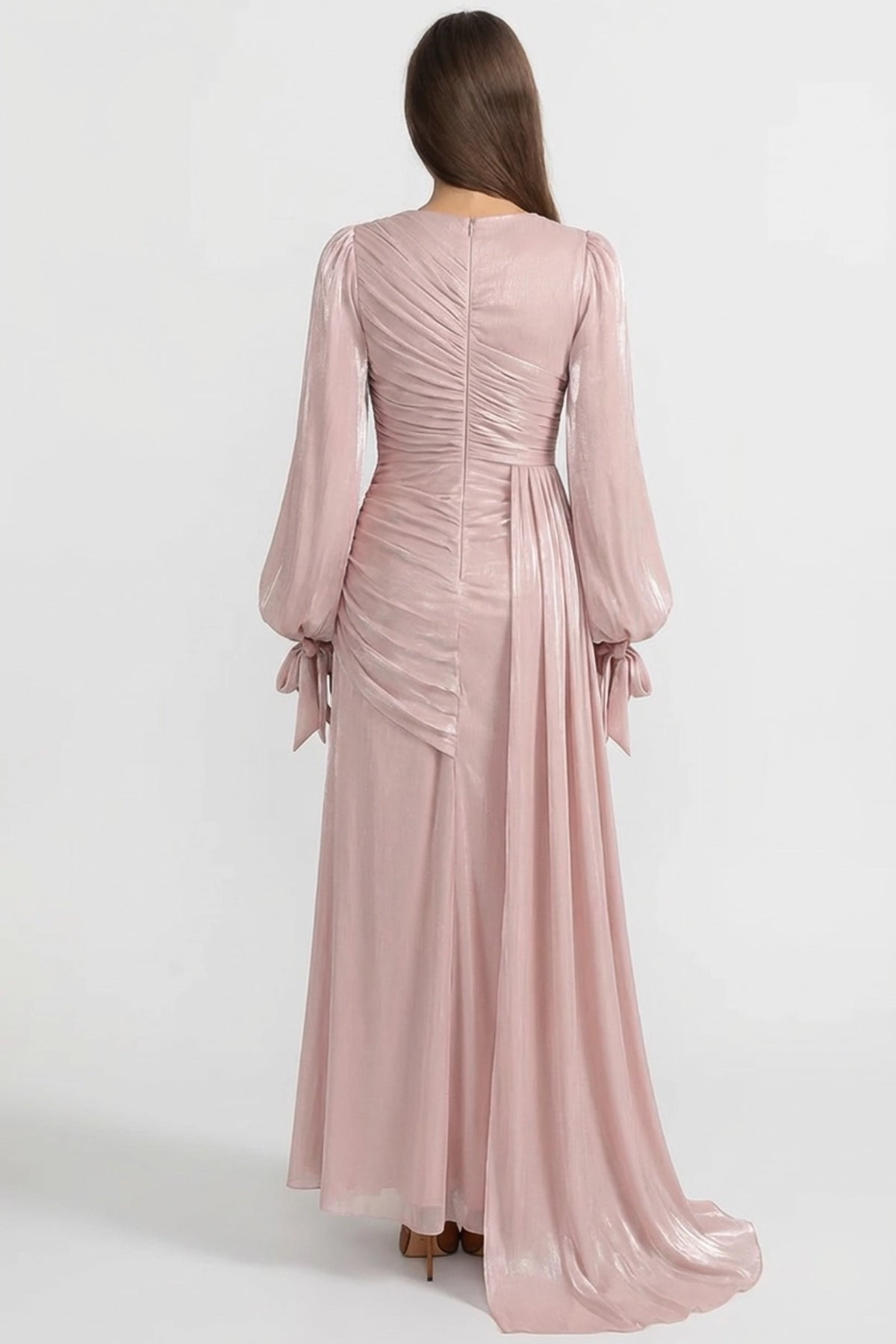 Draped Long-Sleeve Maxi Dress with Gathered Waist – Blush Pink