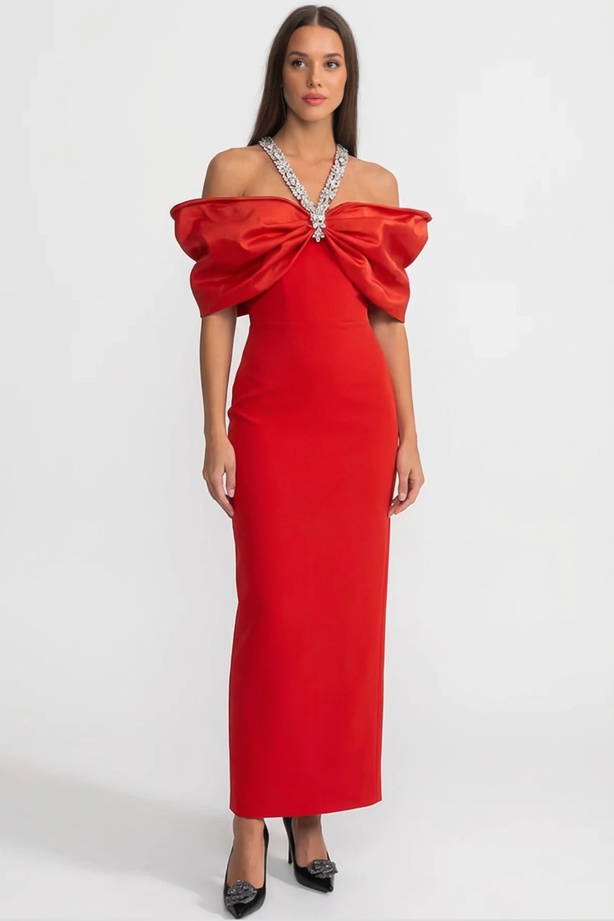 Embellished Bow-Neck Maxi Dress with Crystal Straps – Red