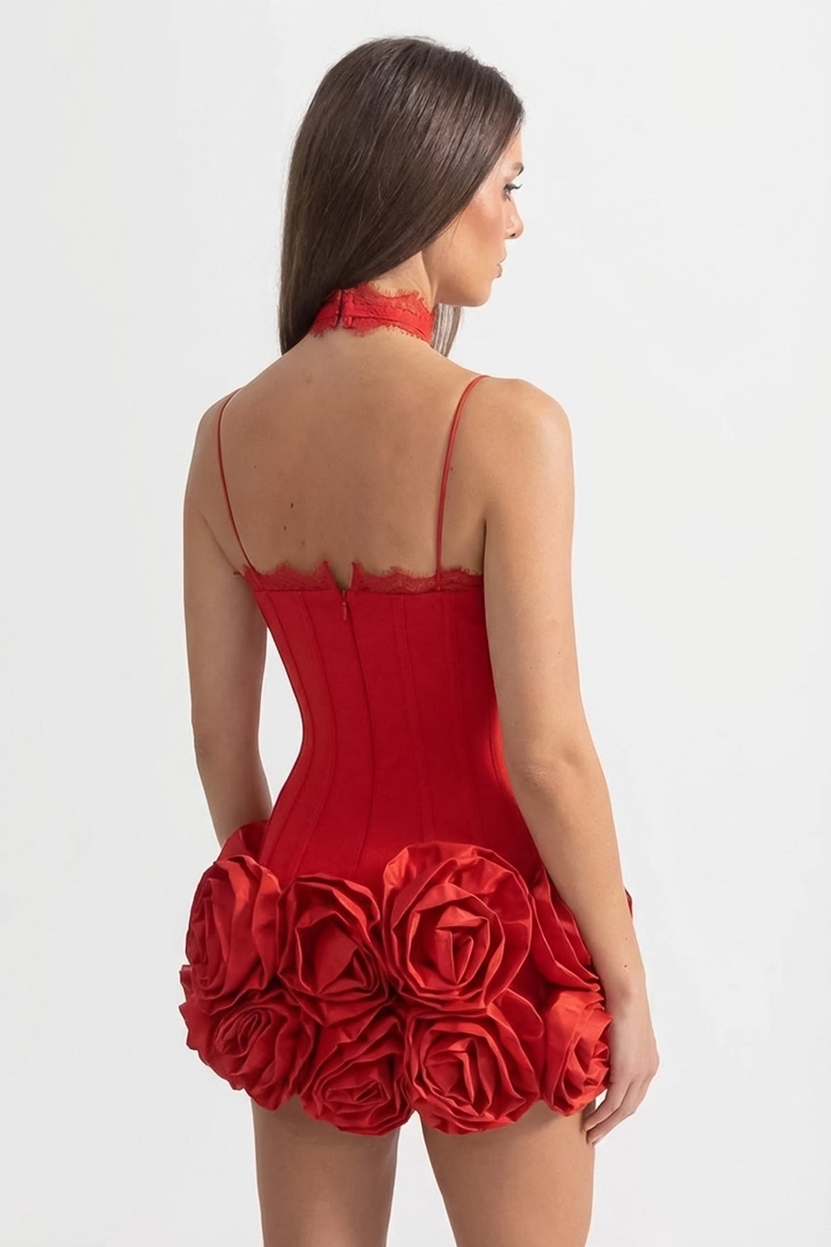 Halter Corset Mini Dress with 3D Rose Hem – Red