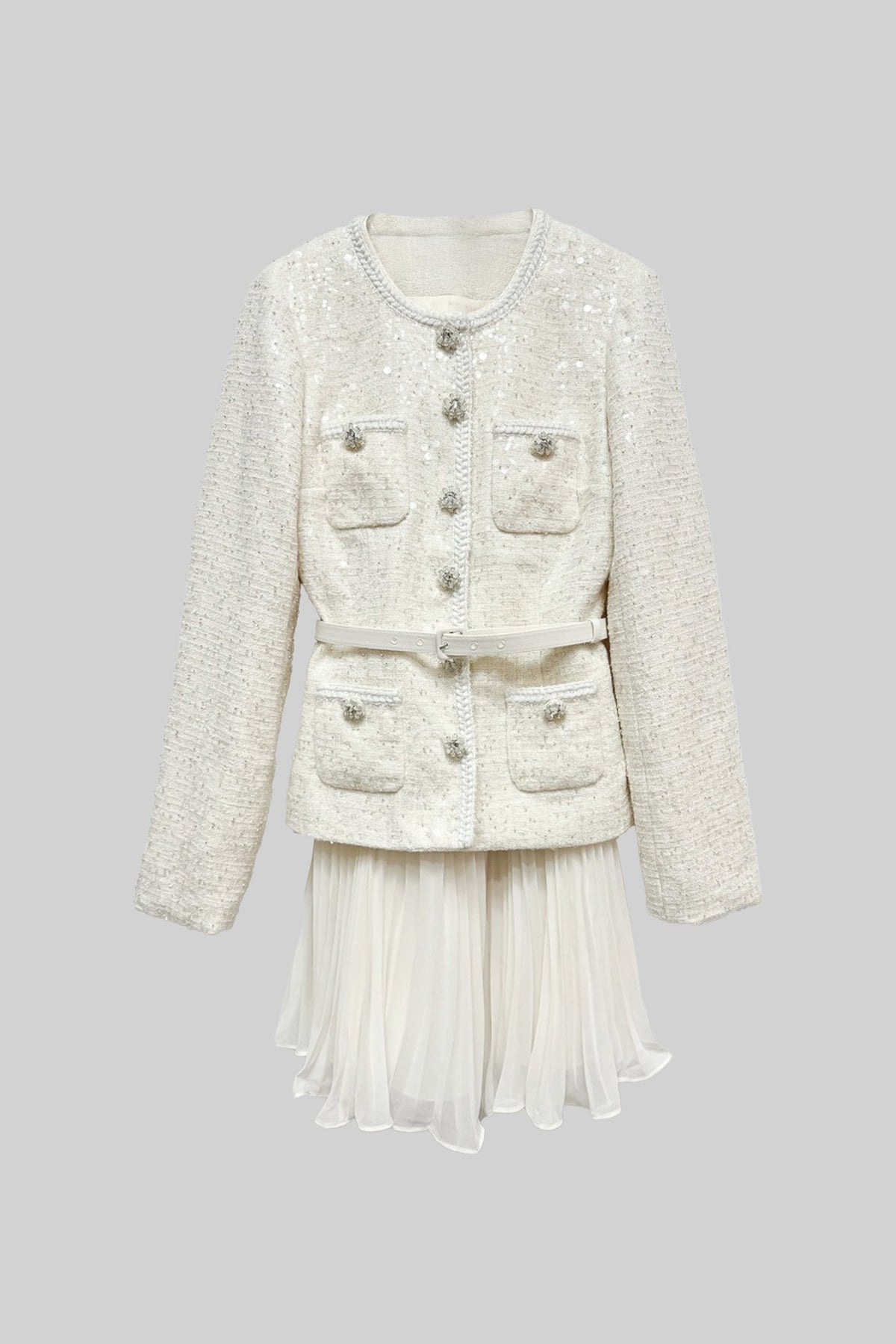 Textured Mini Dress With Pockets And Sheer Pleated Skirt - Beige