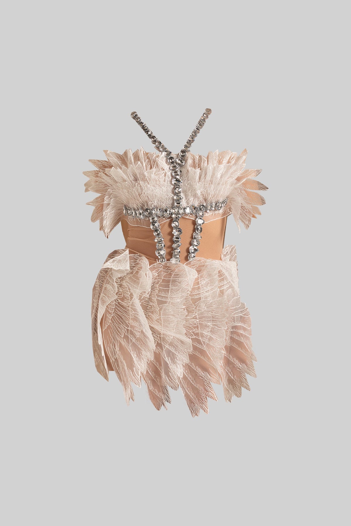 Ethereal Mini Dress With Sheer Wings Texture And Crystal Embellishments - White