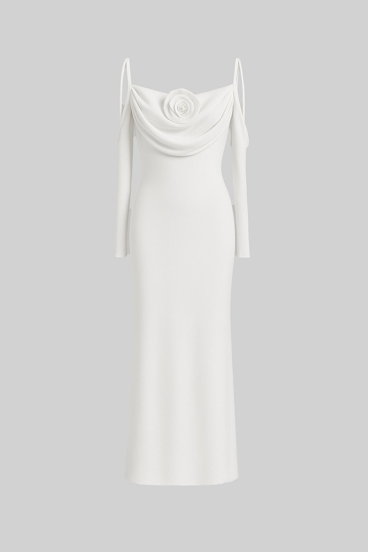 Elegant Flowing Dress With Long Sleeves, Top Draping And Central Rose Adornment - White