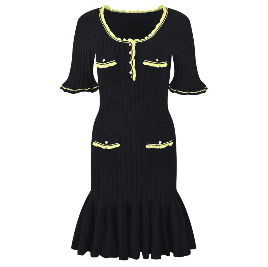 MADDY PARIS  Black Short Mini Dress with Buttons and Contrast Trim - Black