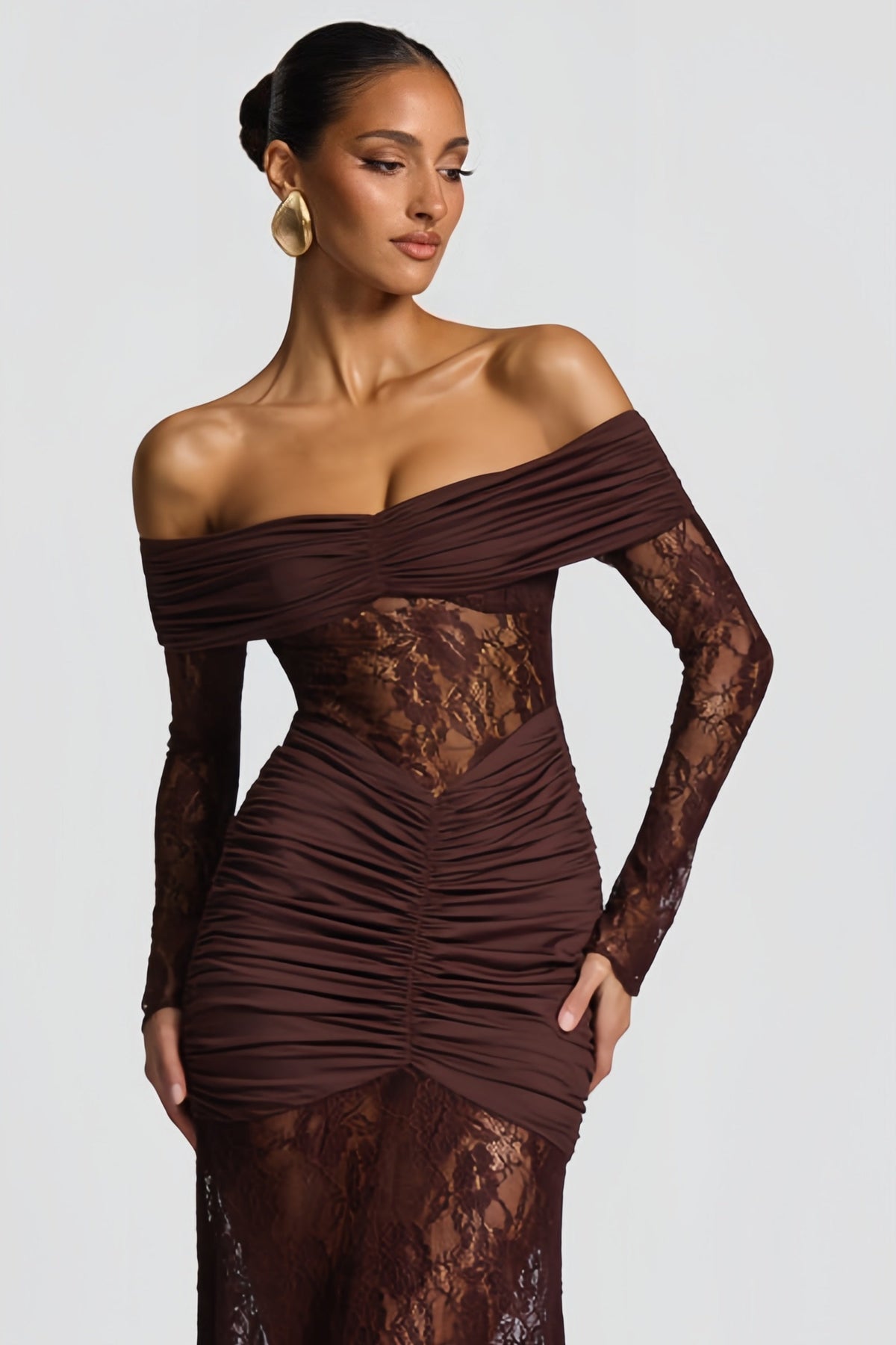 Brigitte Brown Lace Panel Ruched Maxi Dress