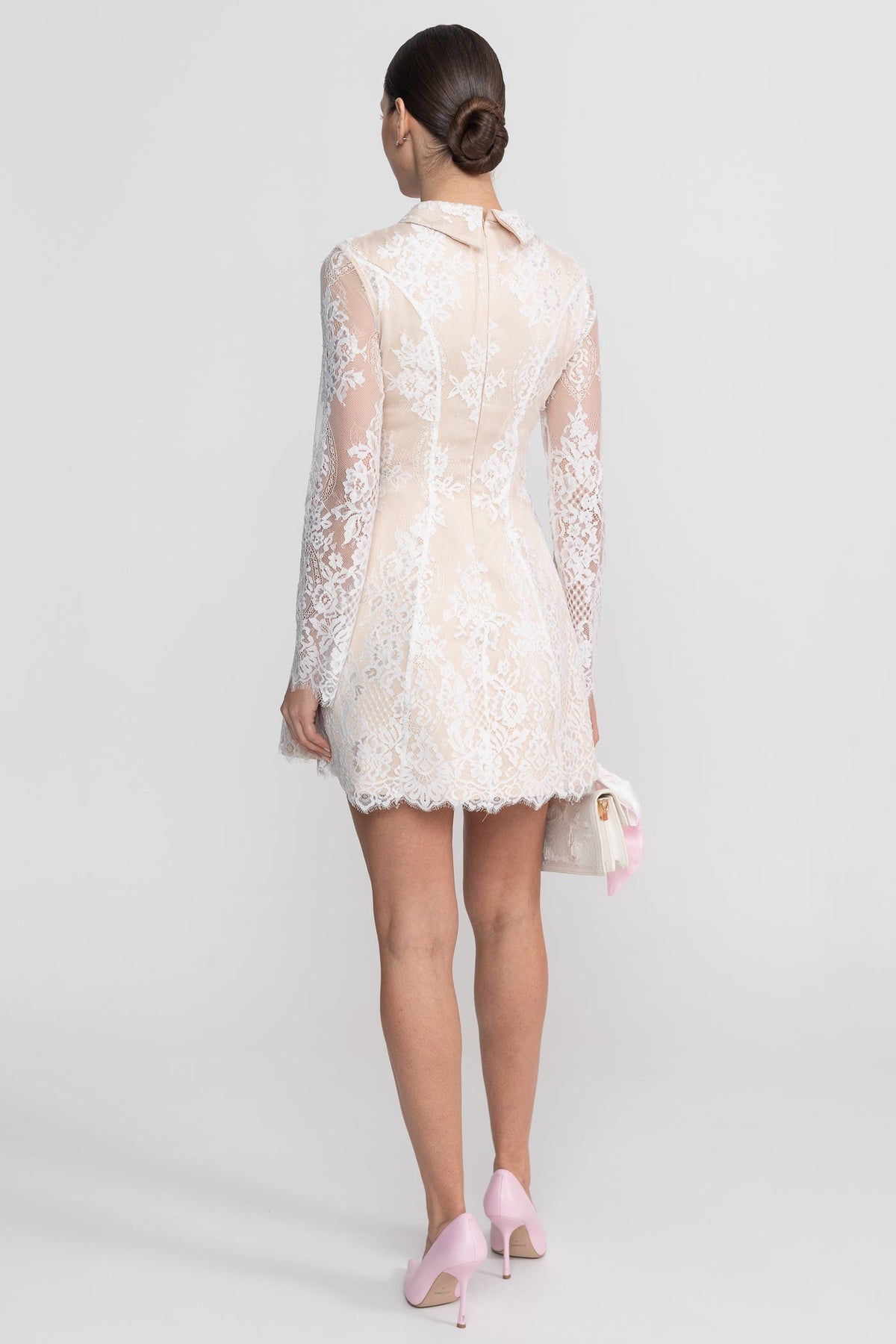 Long Sleeve Lace Mini Dress With Collared Neckline With Sheer Overlay - Ivoire
