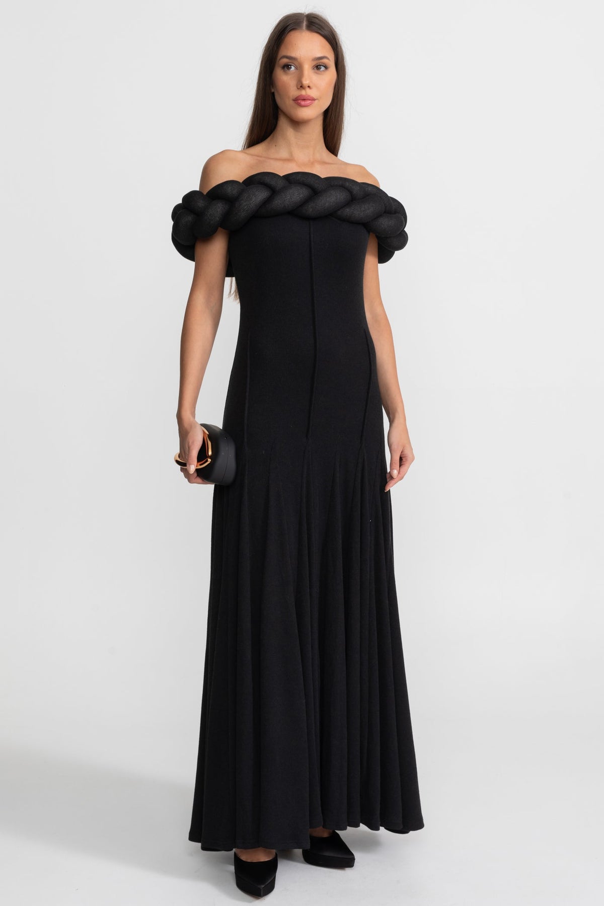Off-Shoulder Braided Neckline Maxi Dress – Black