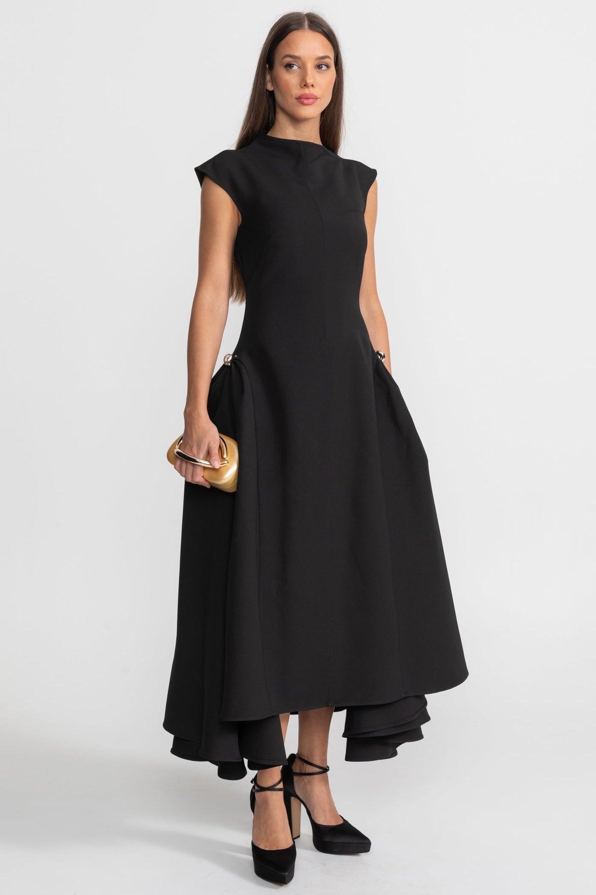 Structured Midi Dress with High-Low Hem and Metal Ring Details - Black