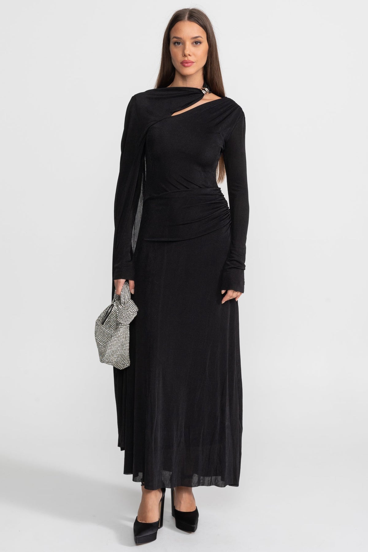 Elegant Draped Gown With Asymmetric Cutout – Black