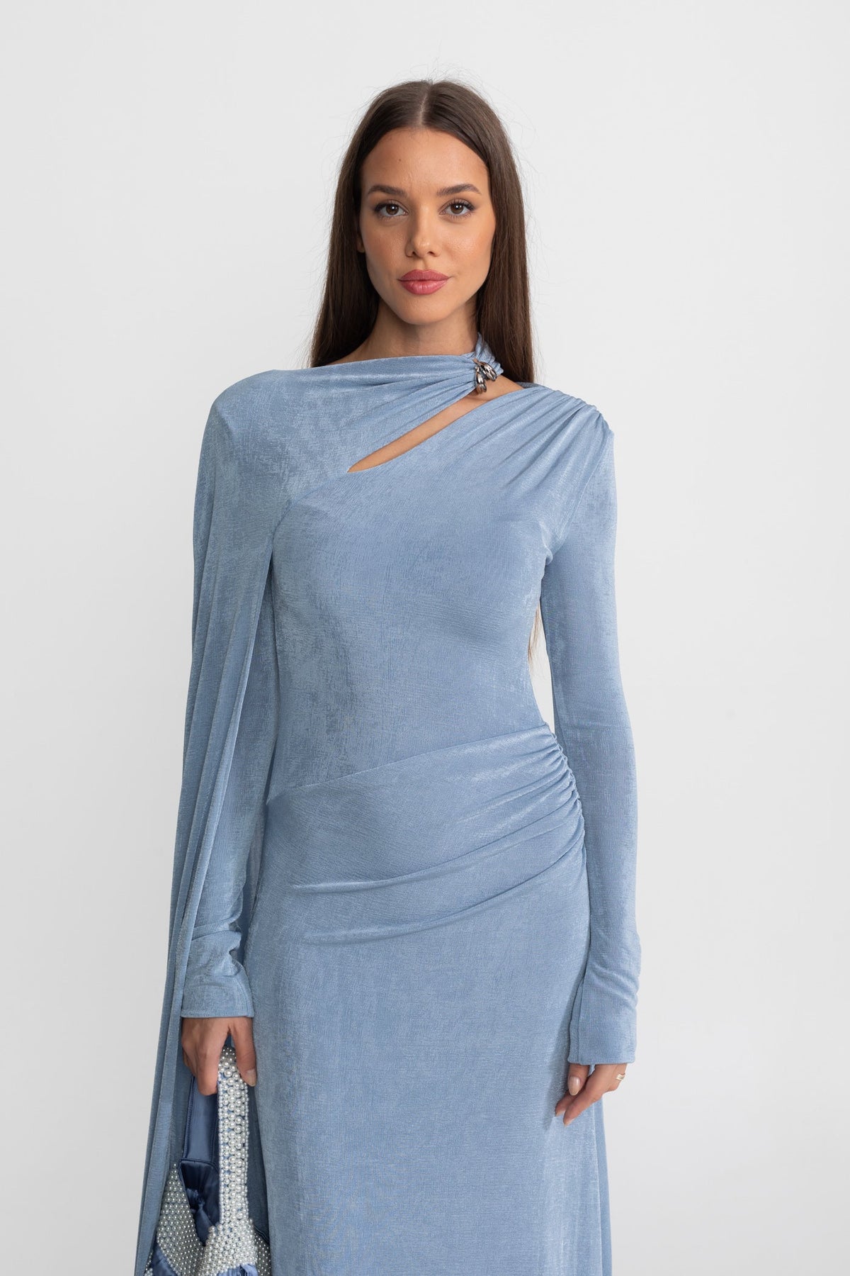 Elegant Draped Gown With Asymmetric Cutout – Blue