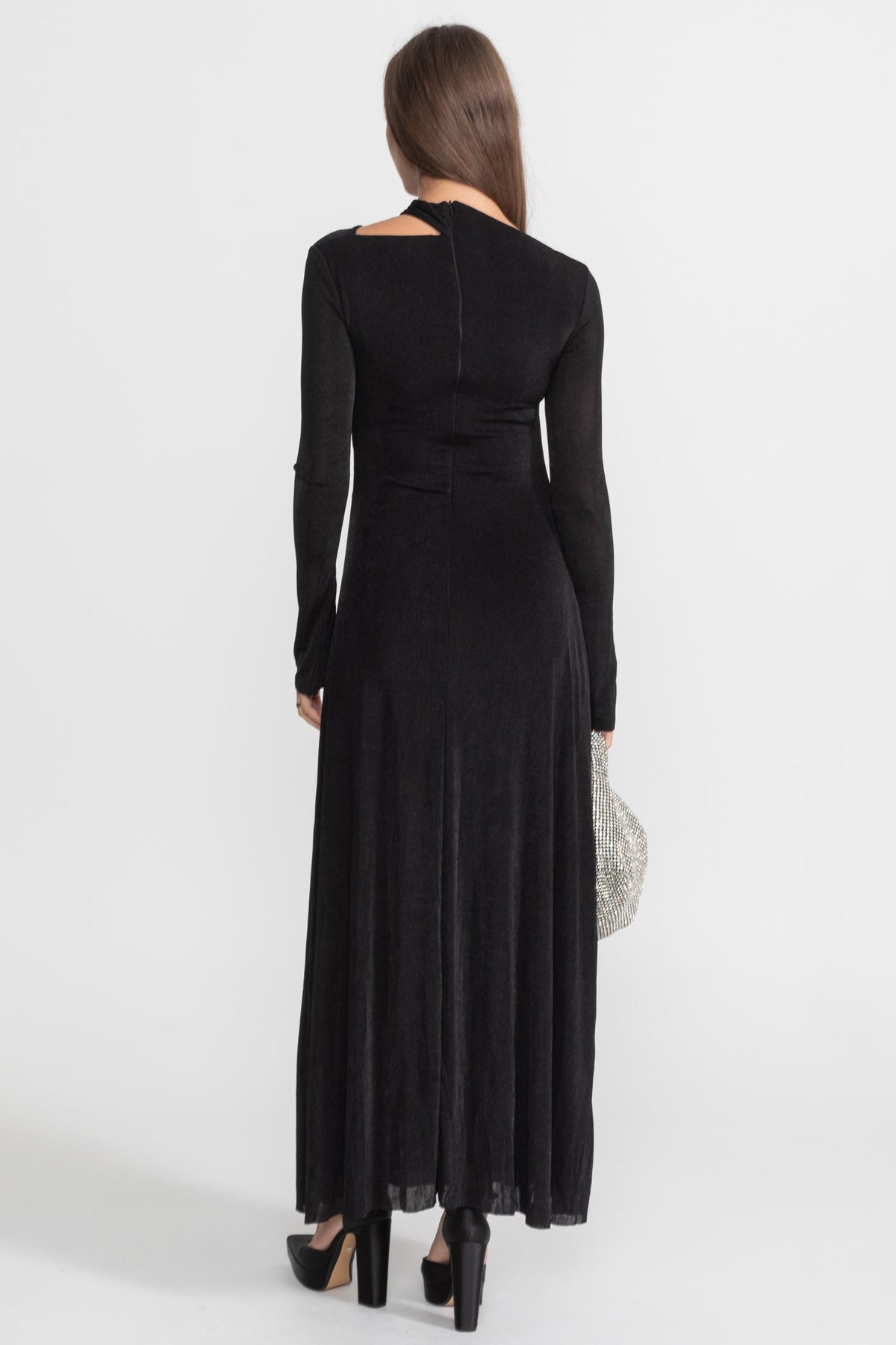 Draped Maxi Dress with Cut-Out and Elegant Detail - Black