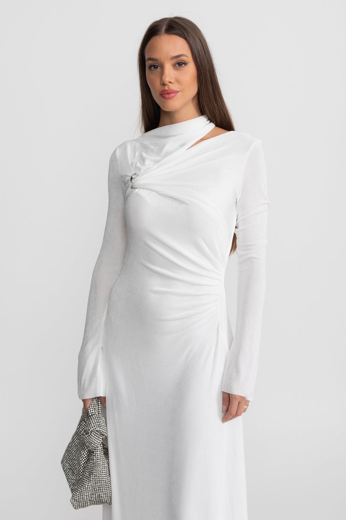 Draped Maxi Dress with Cut-Out and Elegant Detail - White