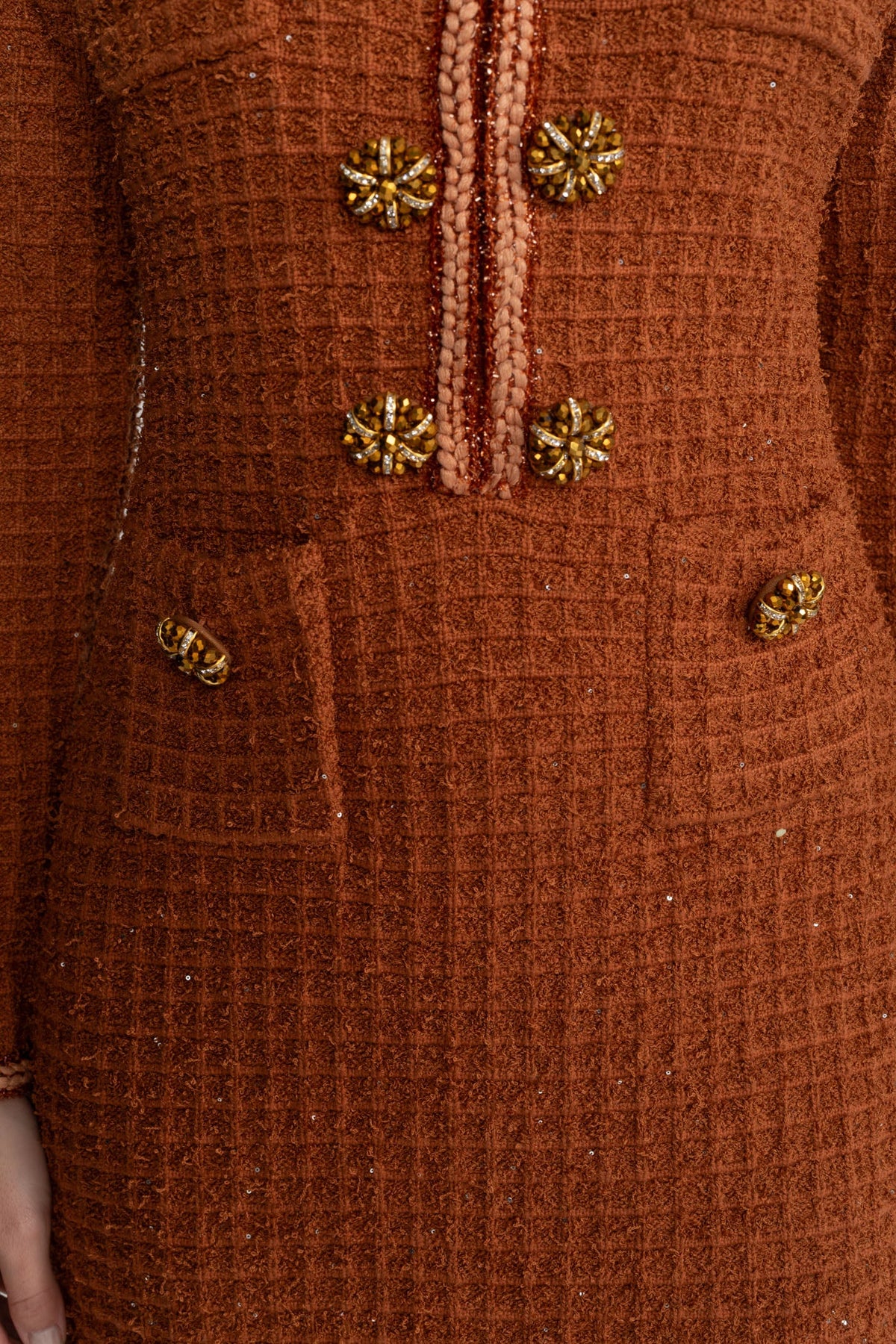 Textured Tweed Midi Dress with Crystal Button Detail – Rust