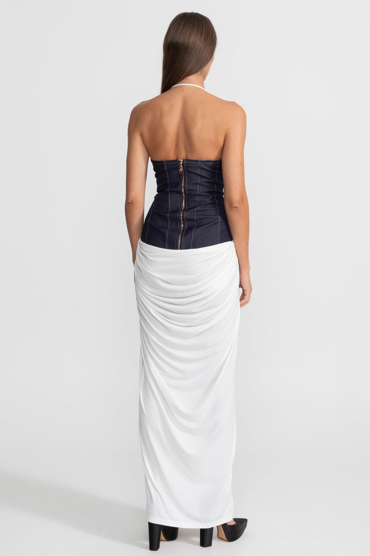 Halter Maxi Dress with Denim Corset Waist – White