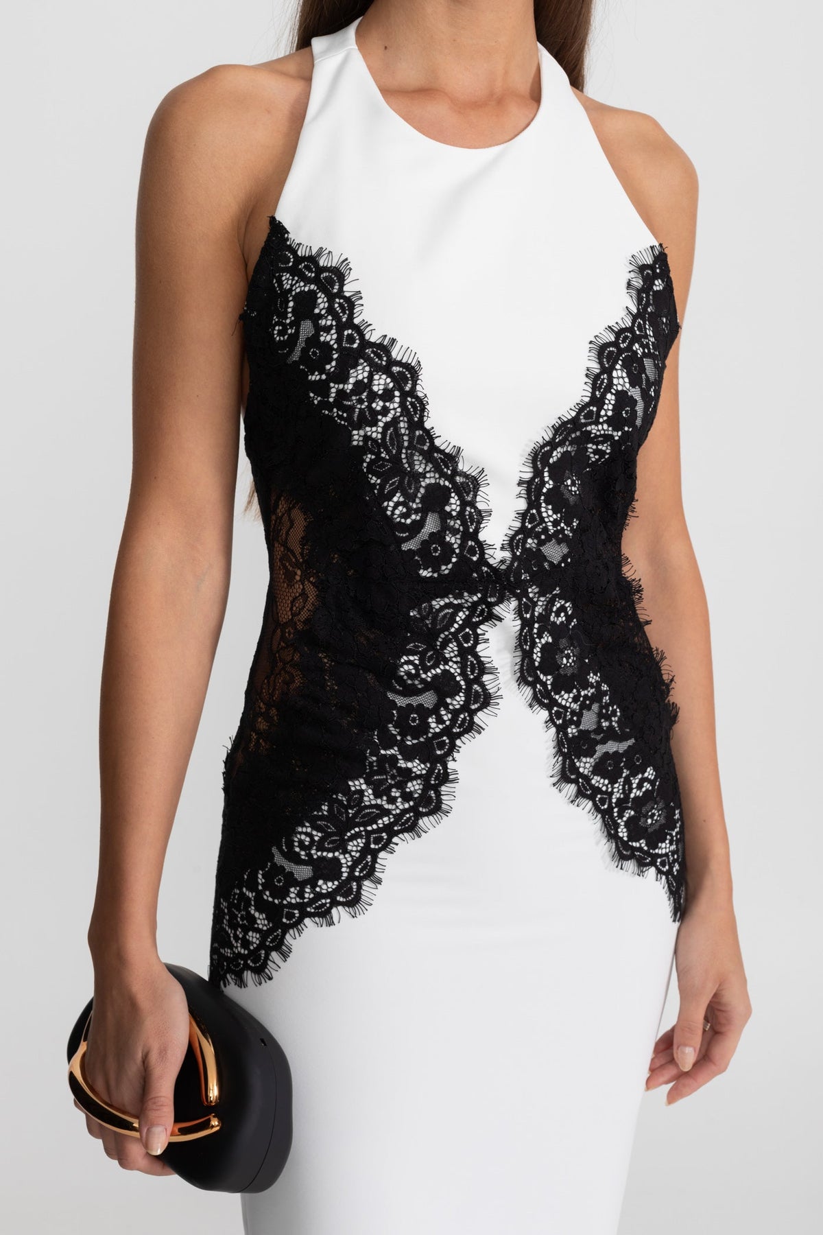 Halter Maxi Dress with Contrast Lace Panels – White