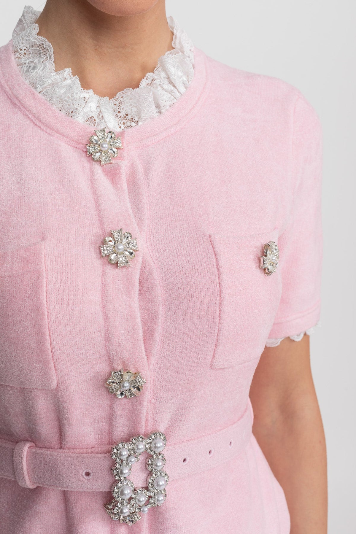 Short Sleeve Co-Ord With Peplum Waist And Crystal Button Belt - Blush Pink