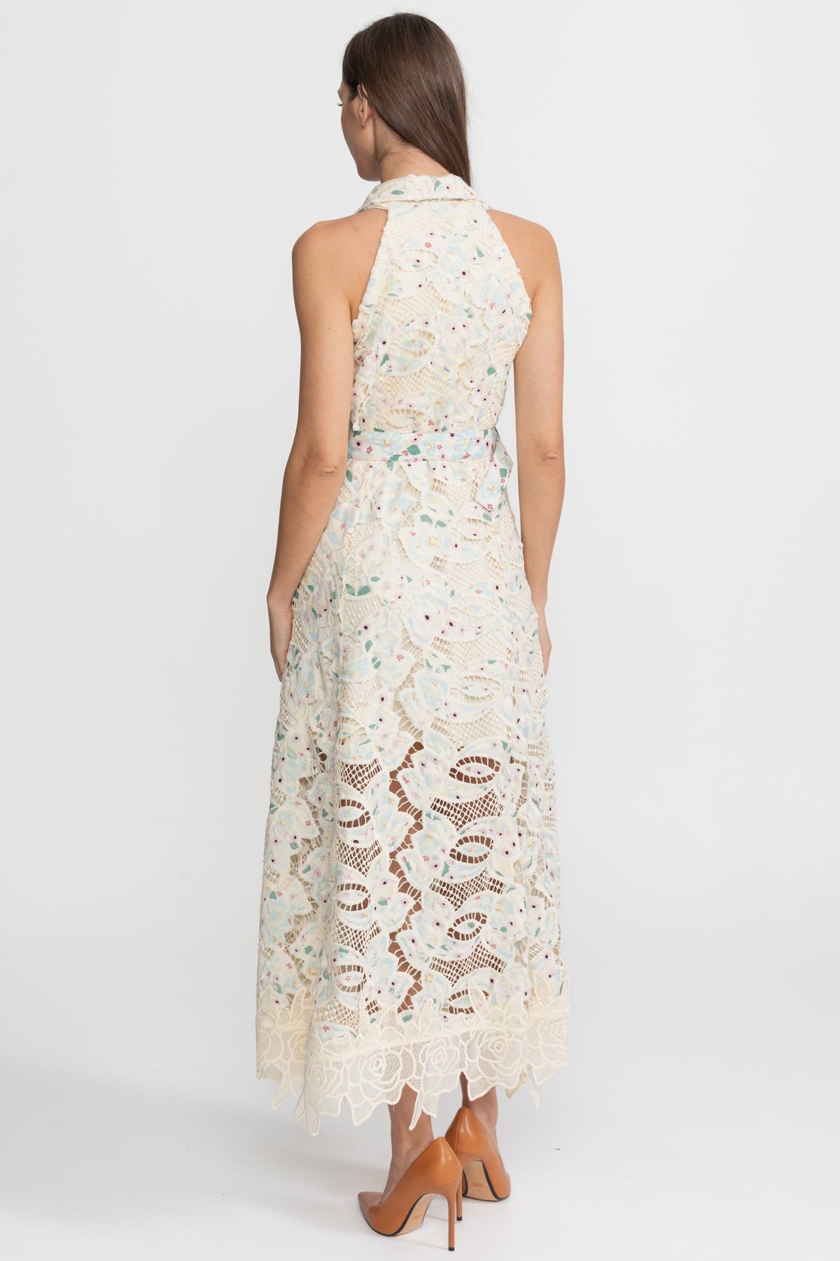 Halter Lace Midi Dress with Belted Waist – Ivoire