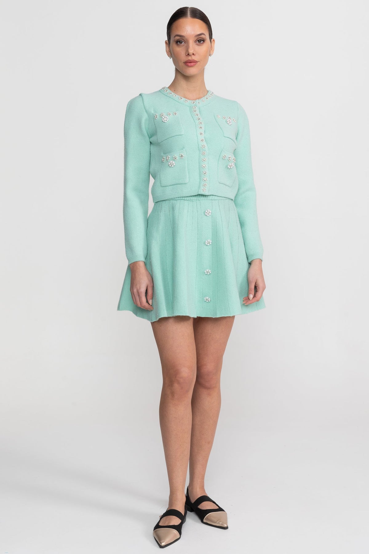 Knit Co-Ord Set With Long Sleeve Cardigan And Matching Mini Skirt - Teal