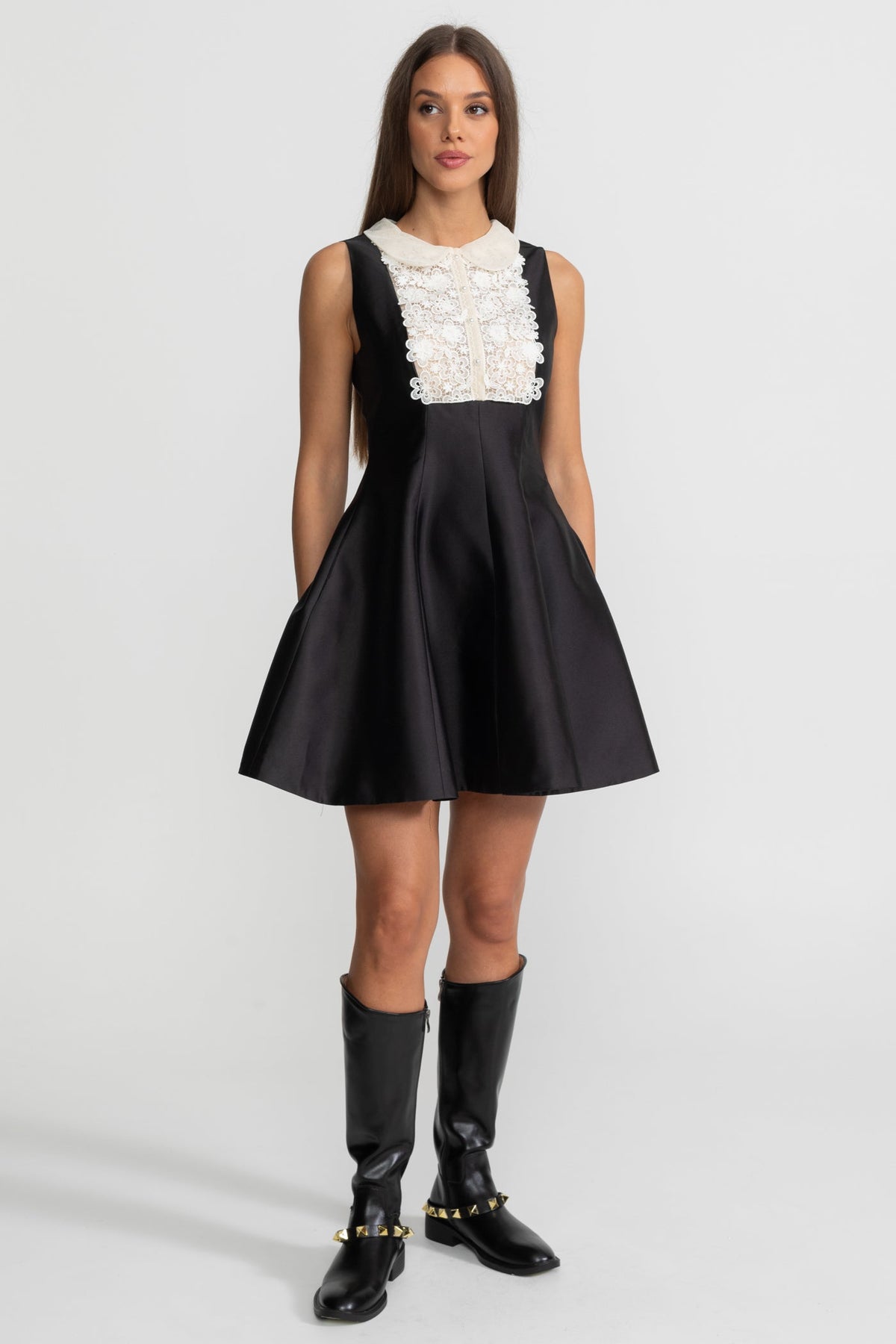 A-Line Mini Dress with Lace Bib – Black