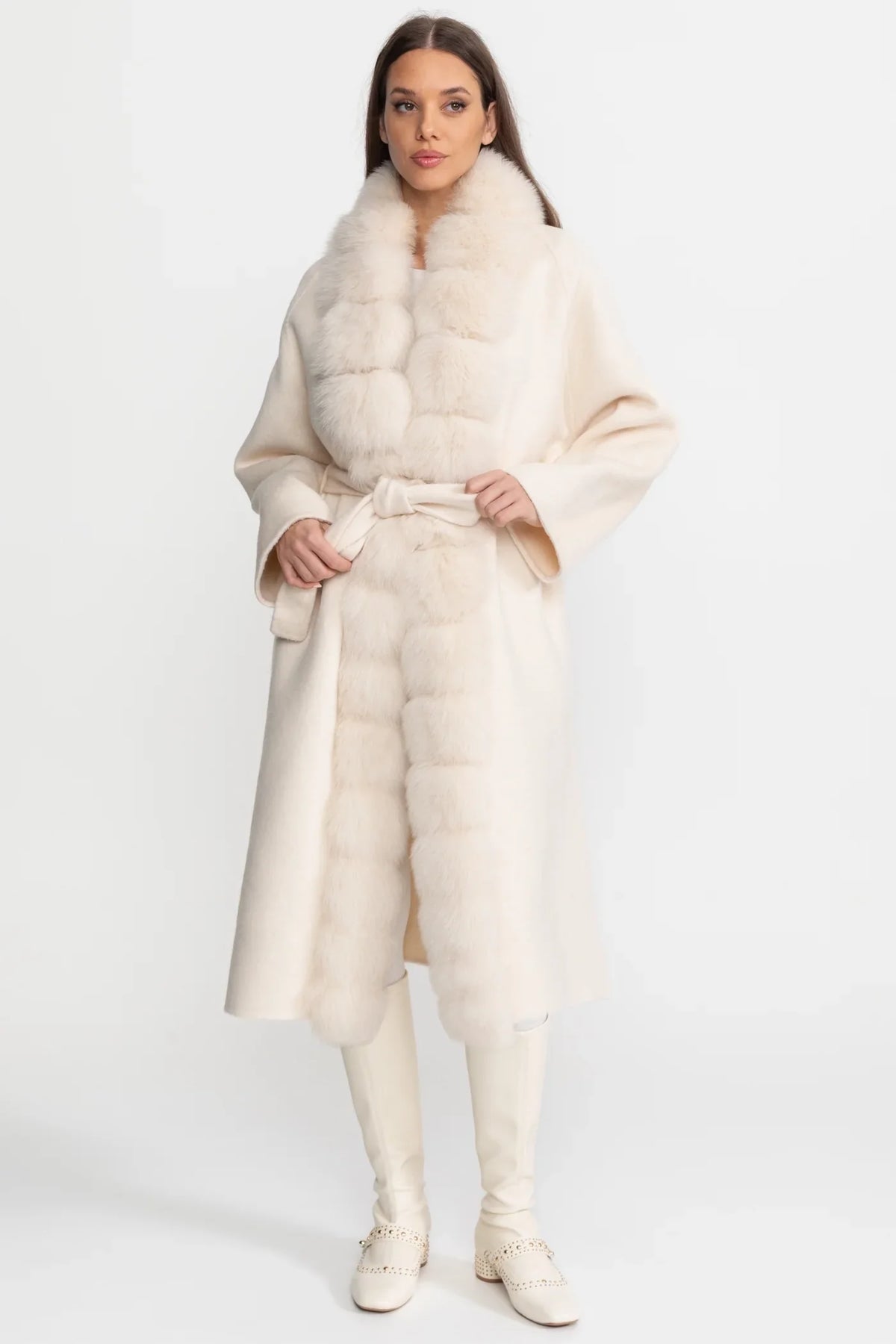 Wool Long Coat with Fox Fur Front – Ivoire