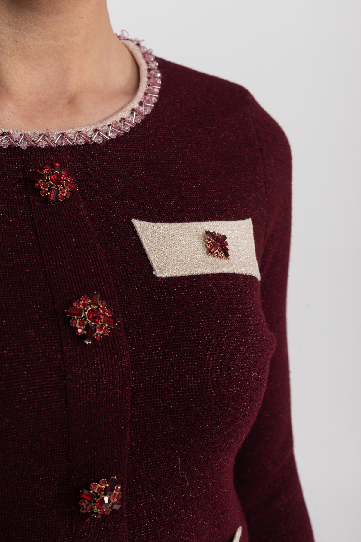 Long Sleeve Knit Co-Ord Set With Contrast Trim And Sparkling Embellishments - Burgundy