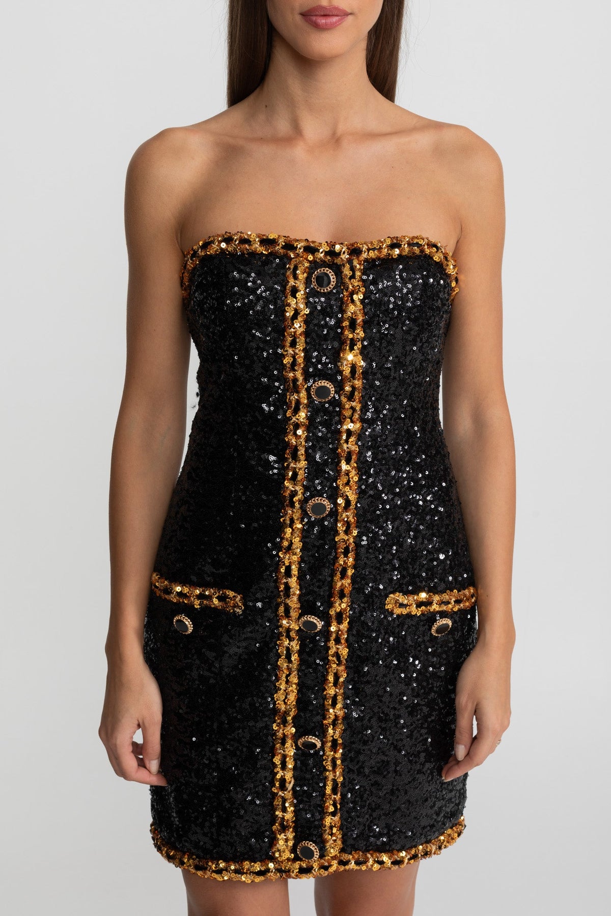 Strapless Sequin Mini Dress With Chain Trim Detailing – Black
