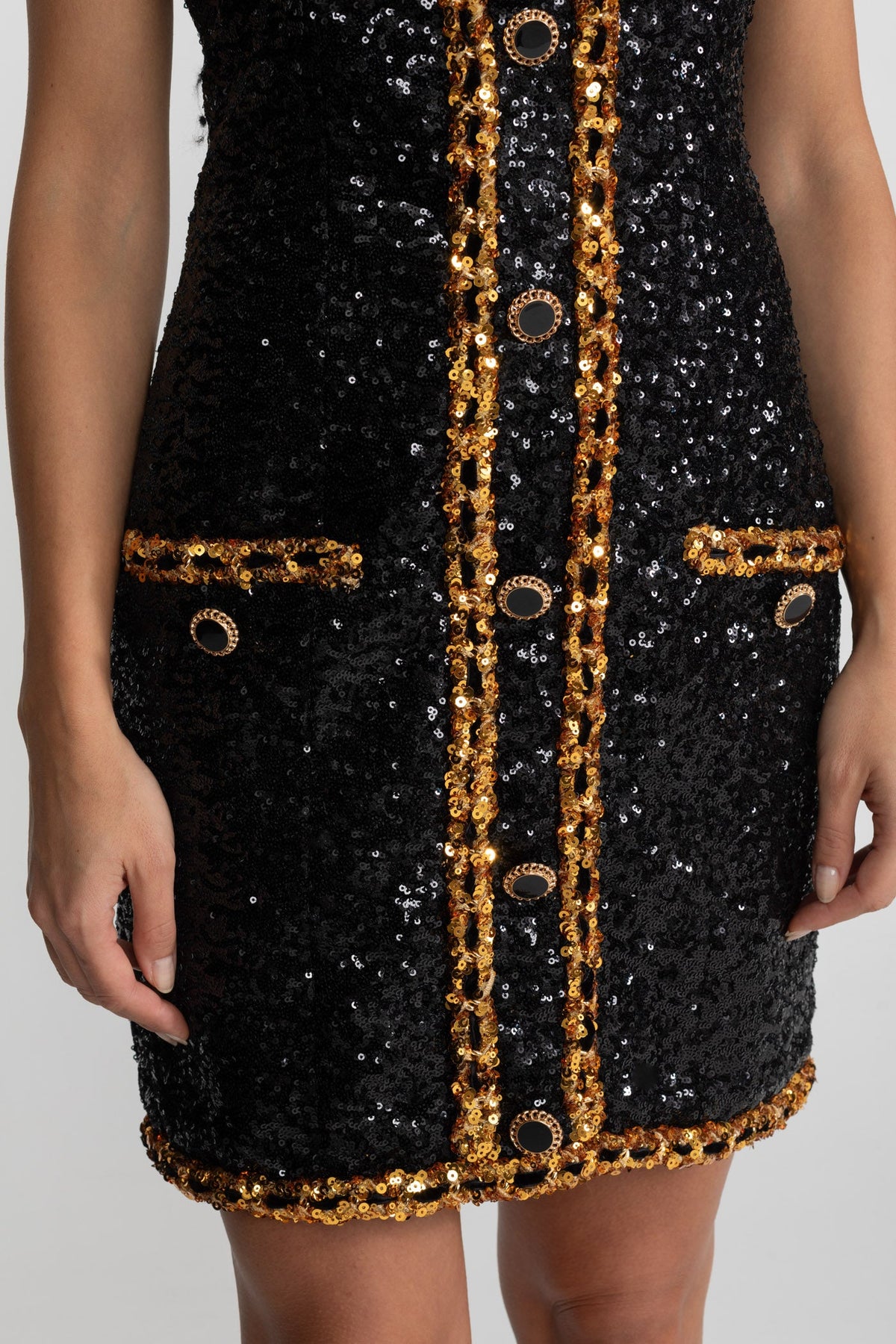 Strapless Sequin Mini Dress With Chain Trim Detailing – Black