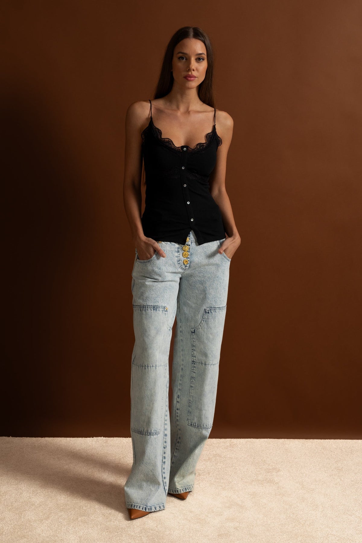Lace-Trimmed Ribbed Camisole with Buttoned Front - Black