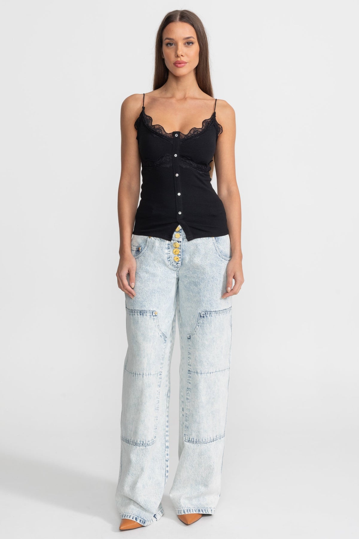 Lace-Trimmed Ribbed Camisole with Buttoned Front - Black