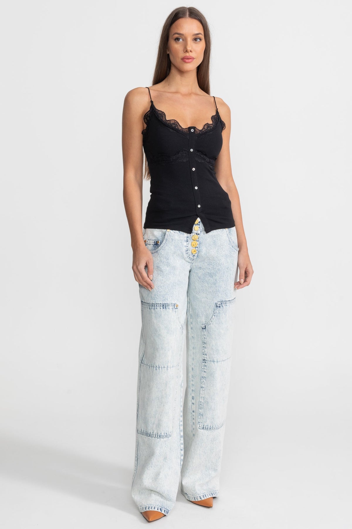 Lace-Trimmed Ribbed Camisole with Buttoned Front - Black
