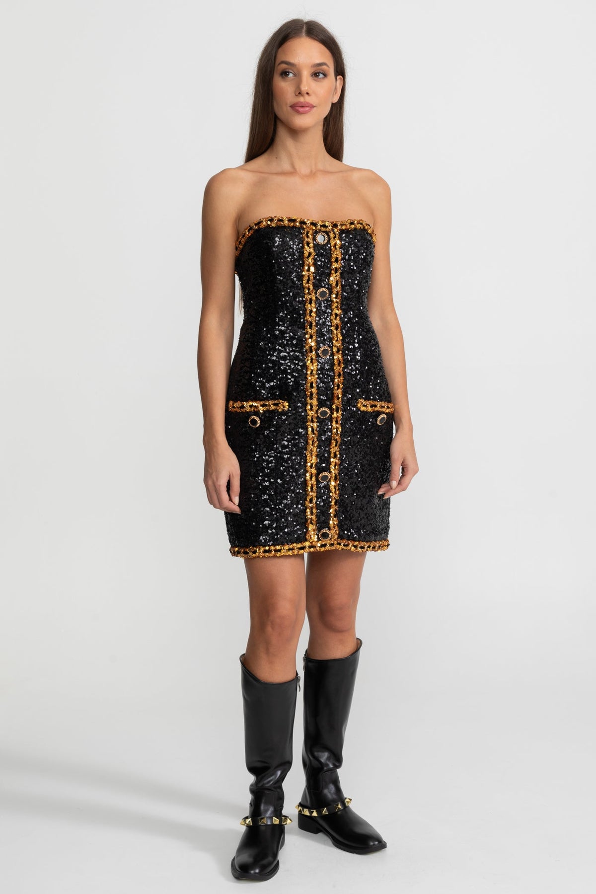 Strapless Sequin Mini Dress With Chain Trim Detailing – Black
