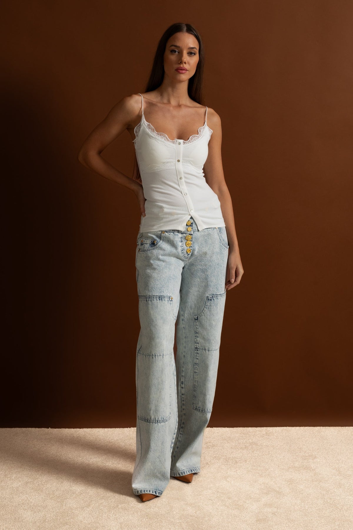 Lace-Trimmed Ribbed Camisole with Buttoned Front - White