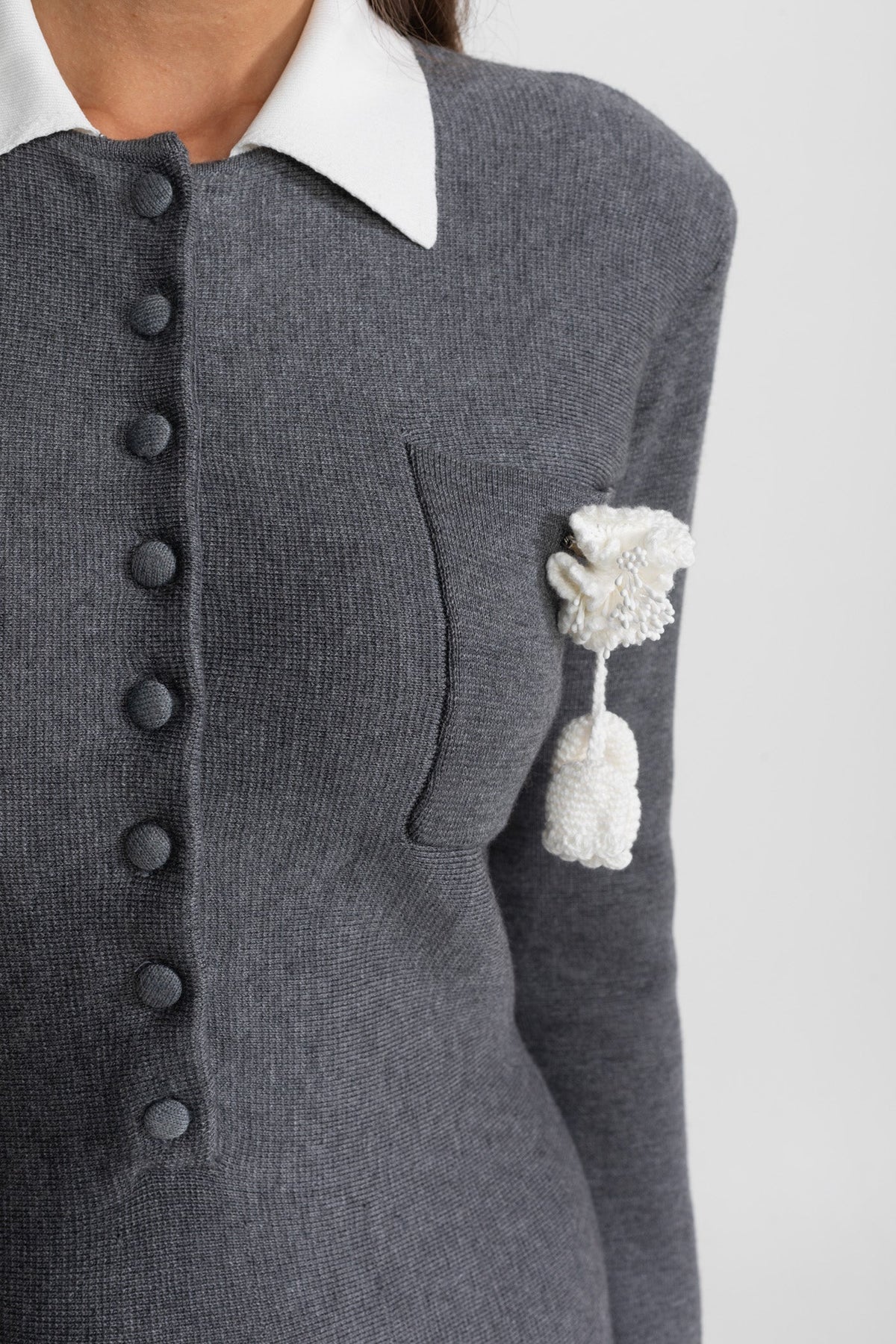 Mini Dress with Contrast Collar and Floral Brooch - Gray